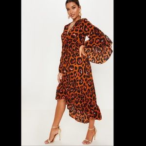 Rust Oversized Animal Print Ruffle Sleeve Wrap Midi Dress